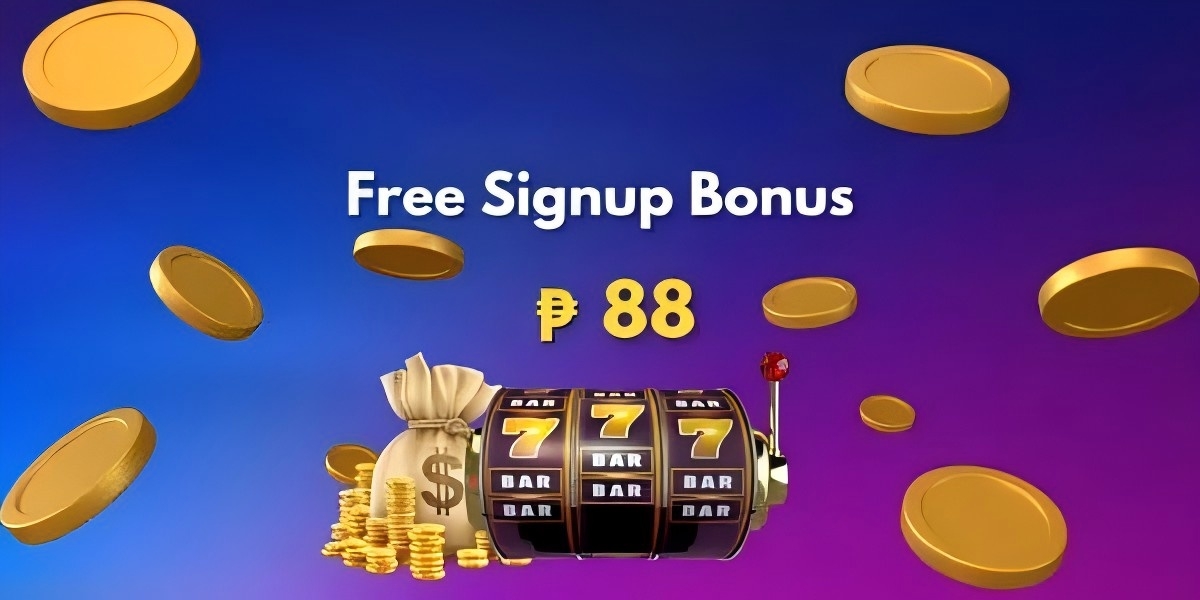 Free signup bonus of 88 pesos banner with golden coins, a money bag and a lucky 777 slot machine